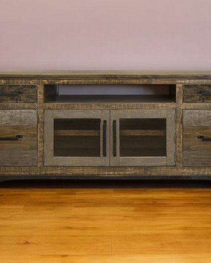 76" Brown Solid Wood Cabinet Enclosed Storage Distressed TV Stand