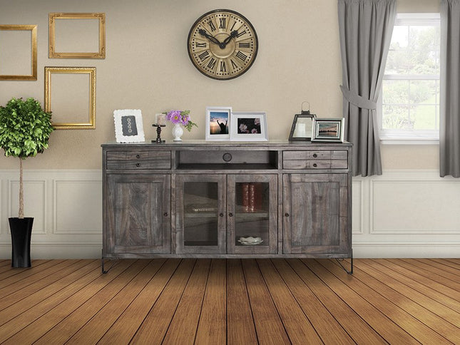 70" Gray Solid Wood Cabinet Enclosed Storage Distressed TV Stand