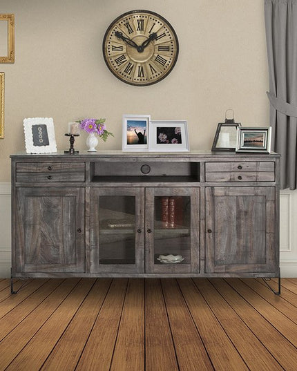 70" Gray Solid Wood Cabinet Enclosed Storage Distressed TV Stand