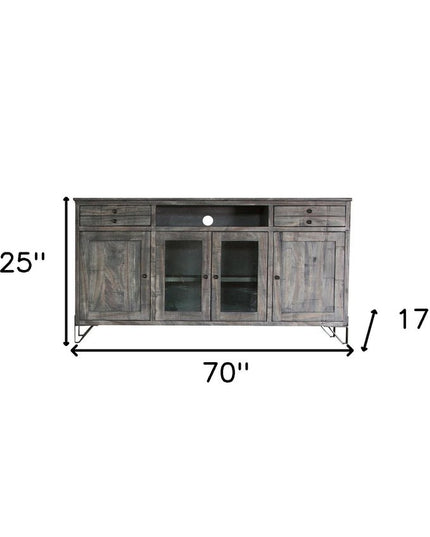 70" Gray Solid Wood Cabinet Enclosed Storage Distressed TV Stand
