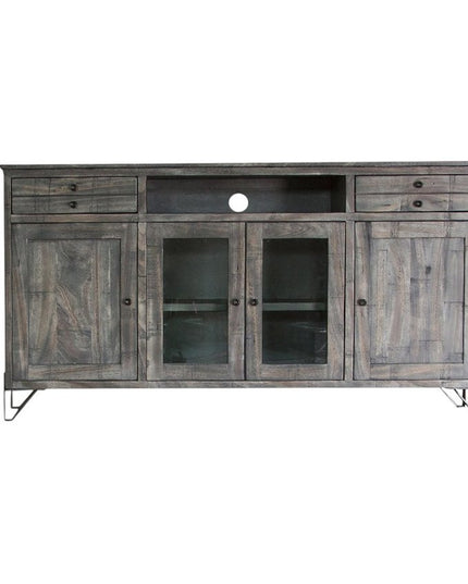 70" Gray Solid Wood Cabinet Enclosed Storage Distressed TV Stand