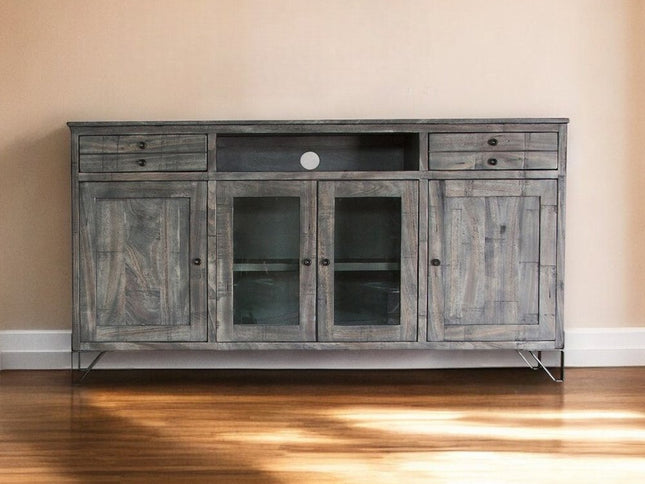 70" Gray Solid Wood Cabinet Enclosed Storage Distressed TV Stand