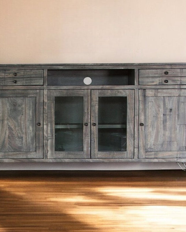 70" Gray Solid Wood Cabinet Enclosed Storage Distressed TV Stand