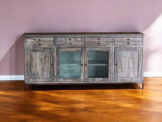 80" Gray Mango Solid Wood Enclosed Storage Distressed TV Stand