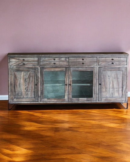 80" Gray Mango Solid Wood Enclosed Storage Distressed TV Stand