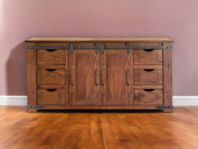 60" Brown Solid Wood Enclosed Storage Distressed TV Stand