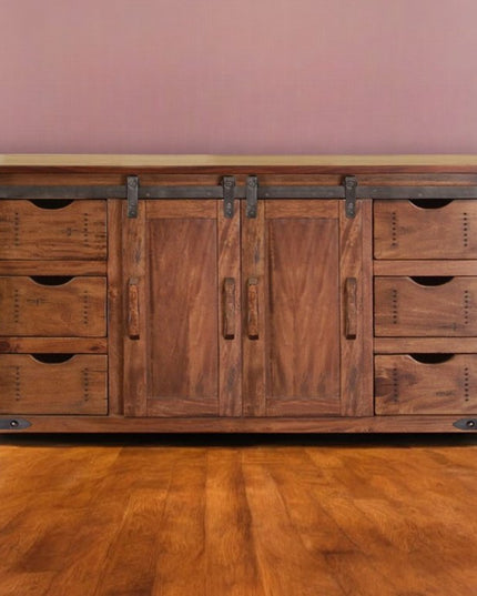 60" Brown Solid Wood Enclosed Storage Distressed TV Stand