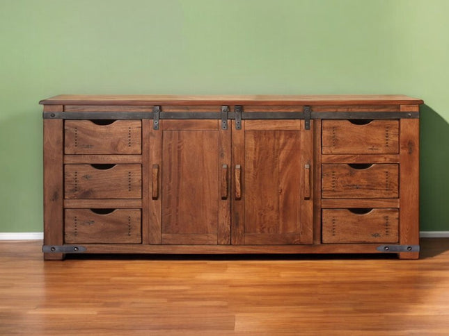 70" Brown Solid Wood Enclosed Storage Distressed TV Stand