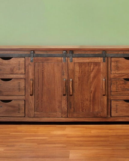 70" Brown Solid Wood Enclosed Storage Distressed TV Stand