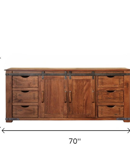 70" Brown Solid Wood Enclosed Storage Distressed TV Stand