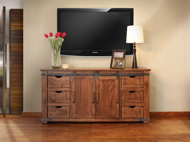 70" Brown Solid Wood Enclosed Storage Distressed TV Stand