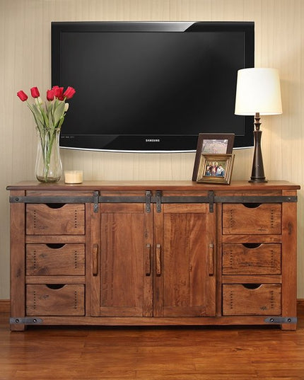70" Brown Solid Wood Enclosed Storage Distressed TV Stand
