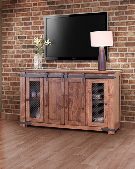 60" Brown Solid Wood Cabinet Enclosed Storage Distressed TV Stand