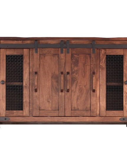 60" Brown Solid Wood Cabinet Enclosed Storage Distressed TV Stand