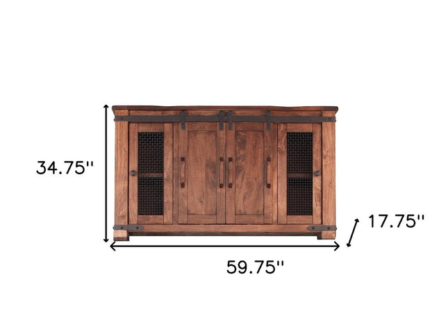 60" Brown Solid Wood Cabinet Enclosed Storage Distressed TV Stand