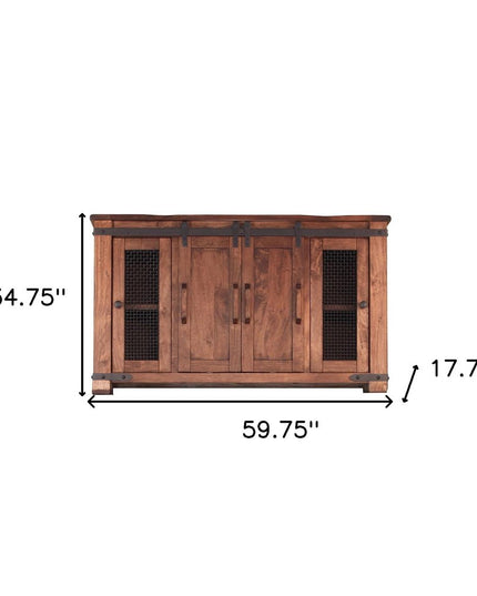 60" Brown Solid Wood Cabinet Enclosed Storage Distressed TV Stand