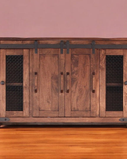 60" Brown Solid Wood Cabinet Enclosed Storage Distressed TV Stand