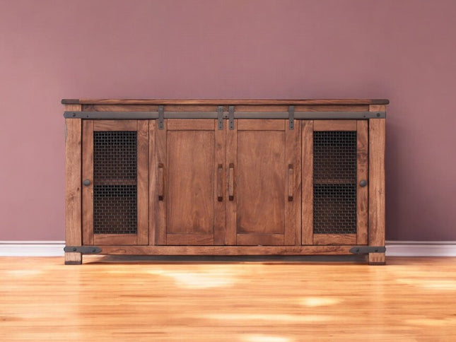 70" Brown Solid Wood Cabinet Enclosed Storage Distressed TV Stand