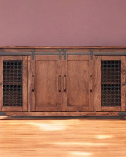 70" Brown Solid Wood Cabinet Enclosed Storage Distressed TV Stand