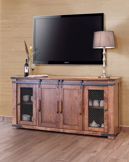 70" Brown Solid Wood Cabinet Enclosed Storage Distressed TV Stand