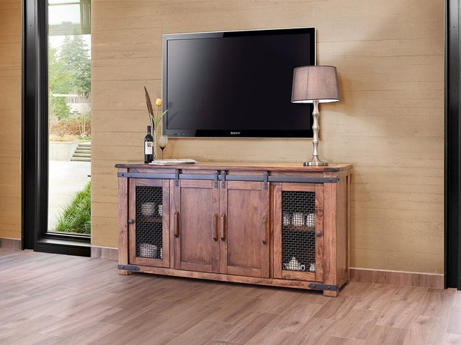 70" Brown Solid Wood Cabinet Enclosed Storage Distressed TV Stand