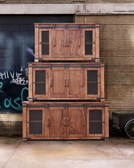 70" Brown Solid Wood Cabinet Enclosed Storage Distressed TV Stand