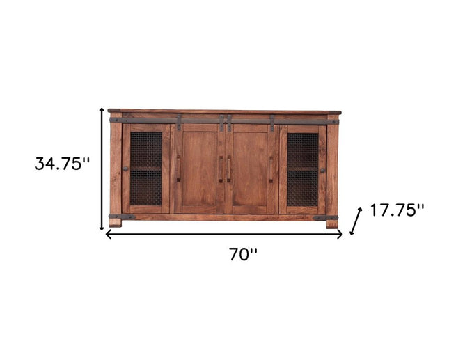 70" Brown Solid Wood Cabinet Enclosed Storage Distressed TV Stand