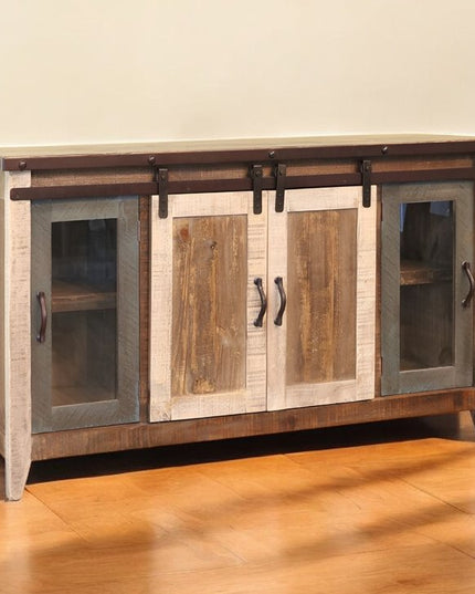 60" Brown Solid Wood Cabinet Enclosed Storage Distressed TV Stand