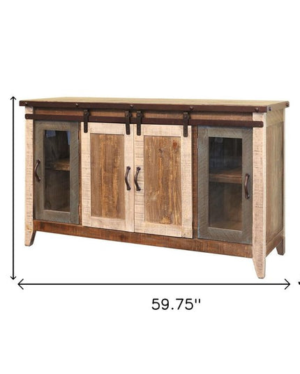 60" Brown Solid Wood Cabinet Enclosed Storage Distressed TV Stand