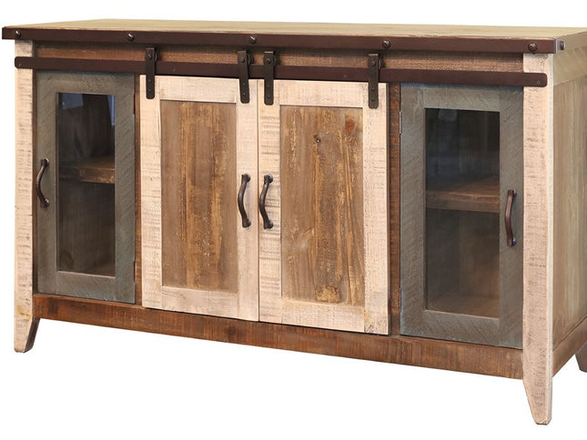 60" Brown Solid Wood Cabinet Enclosed Storage Distressed TV Stand