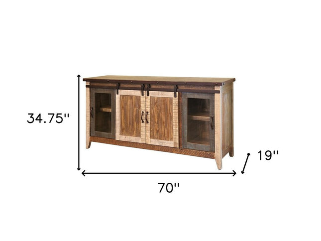 70" Brown Solid Wood Cabinet Enclosed Storage Distressed TV Stand