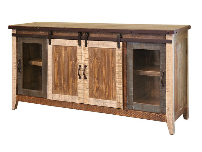 70" Brown Solid Wood Cabinet Enclosed Storage Distressed TV Stand