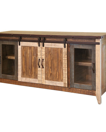 70" Brown Solid Wood Cabinet Enclosed Storage Distressed TV Stand