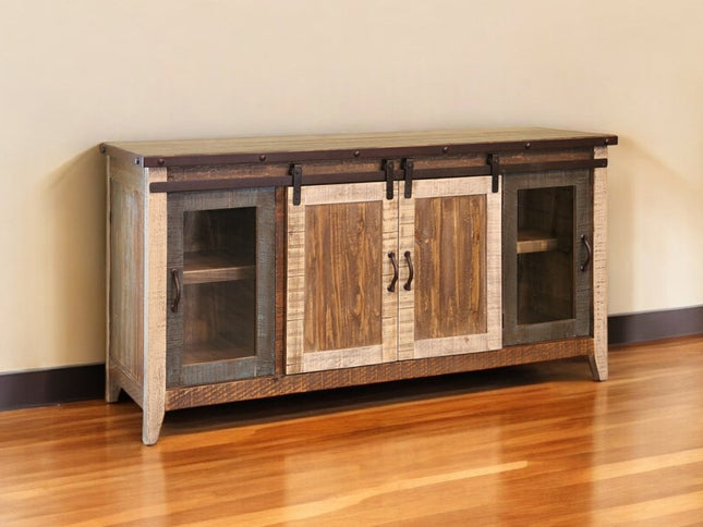 70" Brown Solid Wood Cabinet Enclosed Storage Distressed TV Stand