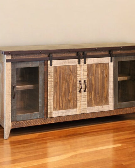 70" Brown Solid Wood Cabinet Enclosed Storage Distressed TV Stand