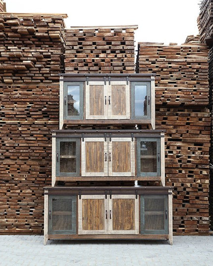 79" Brown Solid Wood Cabinet Enclosed Storage Distressed TV Stand