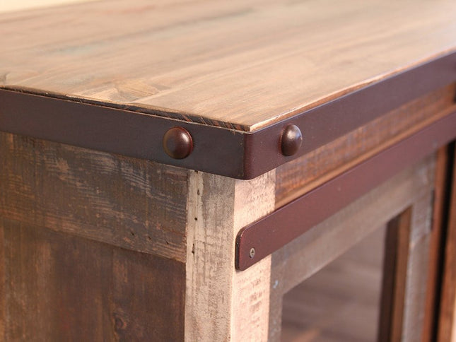 79" Brown Solid Wood Cabinet Enclosed Storage Distressed TV Stand