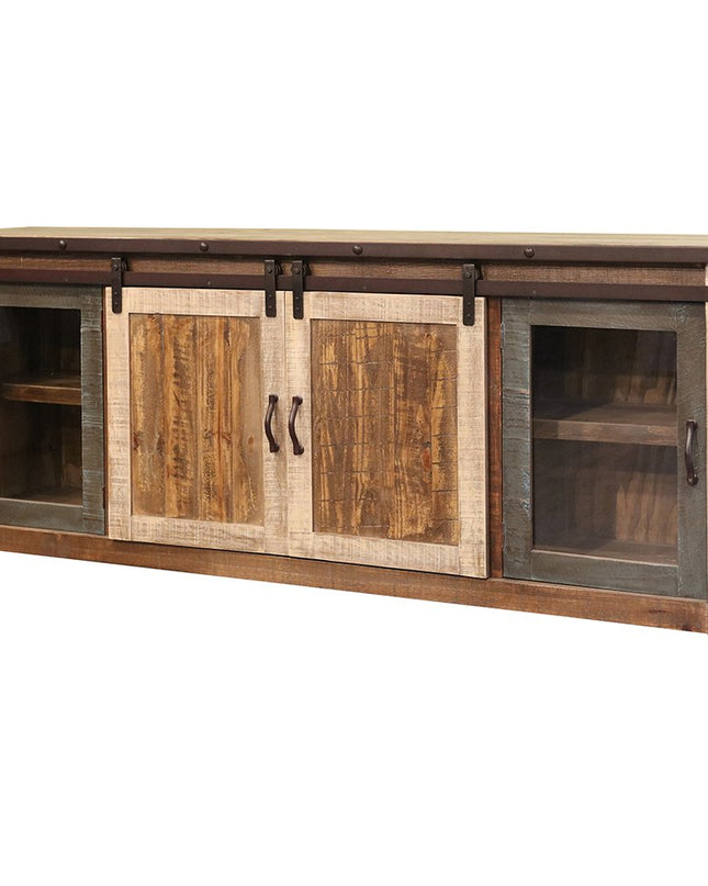 79" Brown Solid Wood Cabinet Enclosed Storage Distressed TV Stand