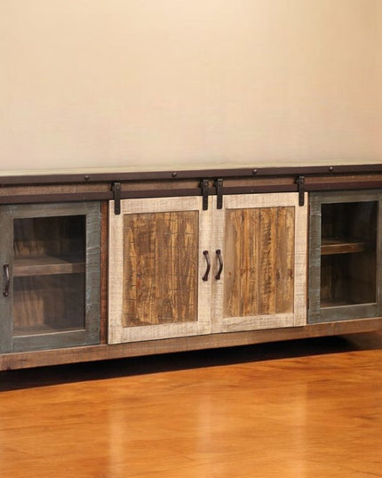 79" Brown Solid Wood Cabinet Enclosed Storage Distressed TV Stand