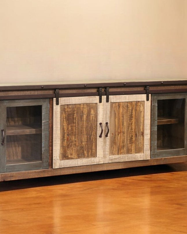 79" Brown Solid Wood Cabinet Enclosed Storage Distressed TV Stand