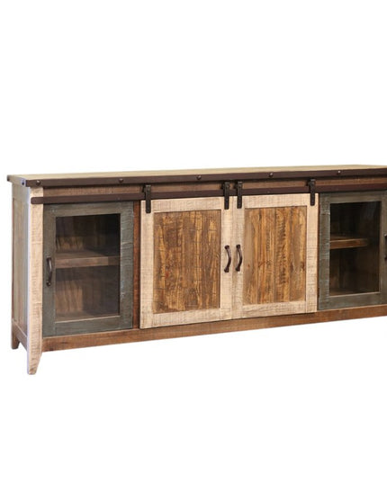 79" Brown Solid Wood Cabinet Enclosed Storage Distressed TV Stand