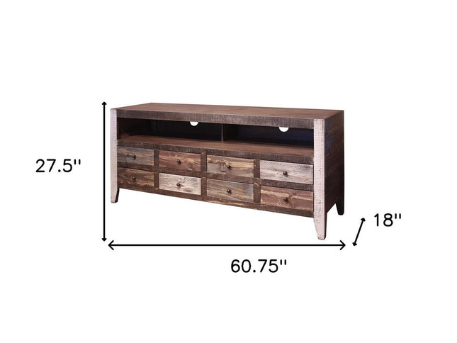 61" Brown Solid Wood Cabinet Enclosed Storage Distressed TV Stand