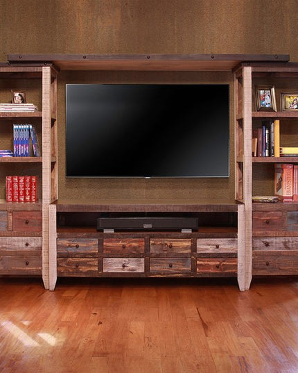 61" Brown Solid Wood Cabinet Enclosed Storage Distressed TV Stand