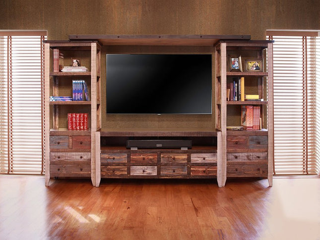 61" Brown Solid Wood Cabinet Enclosed Storage Distressed TV Stand