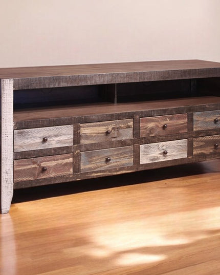 61" Brown Solid Wood Cabinet Enclosed Storage Distressed TV Stand