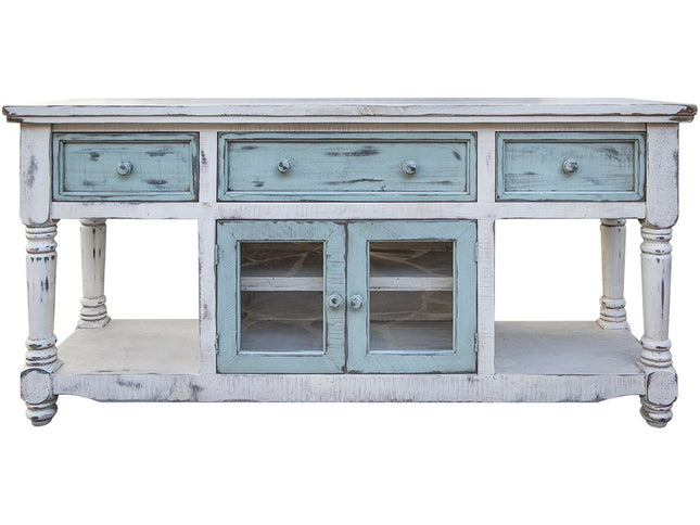 70" Blue and White Solid Wood Open shelving Distressed TV Stand