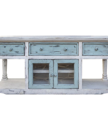 70" Blue and White Solid Wood Open shelving Distressed TV Stand