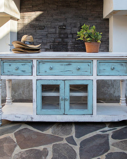 70" Blue and White Solid Wood Open shelving Distressed TV Stand