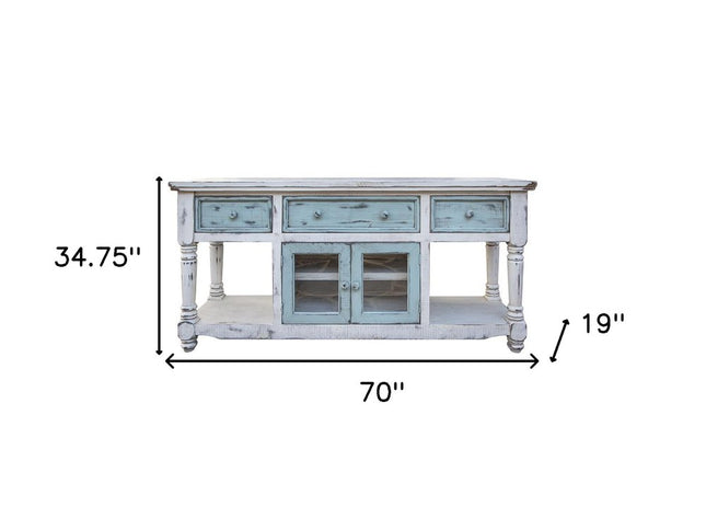 70" Blue and White Solid Wood Open shelving Distressed TV Stand