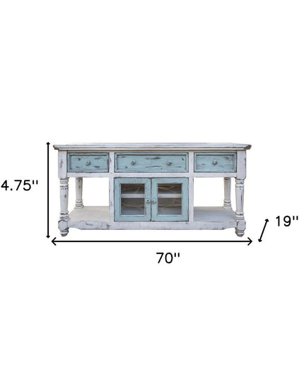 70" Blue and White Solid Wood Open shelving Distressed TV Stand